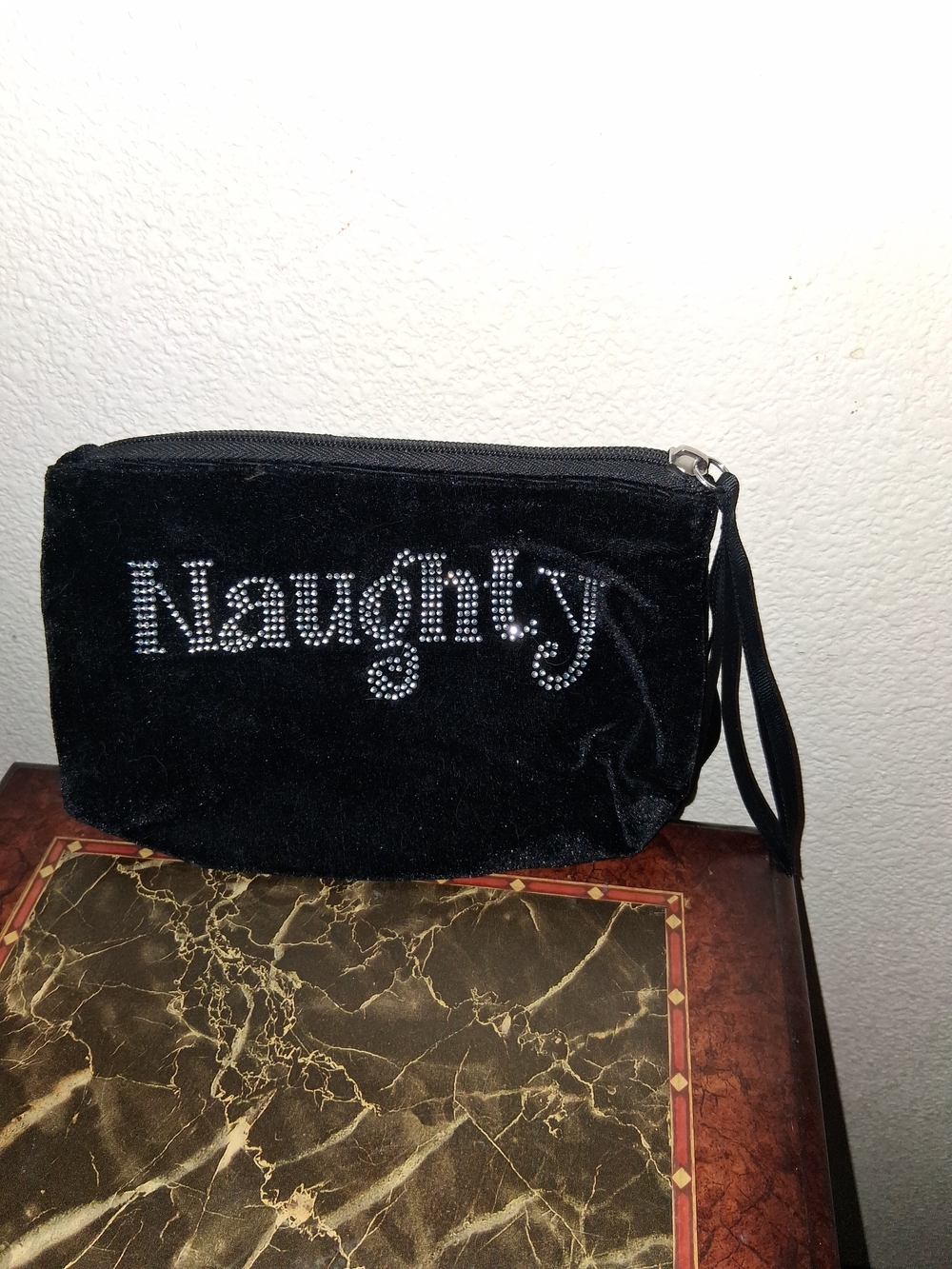 Black 'Naughty' "Nice" Velvet Wristlet Pouch Clutch